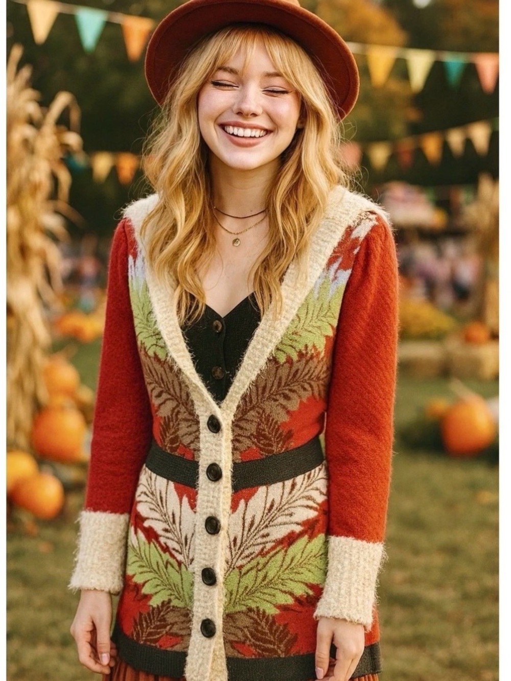 Women's Red Leaf Patterned Button-Up Knit Cardigan Sweater